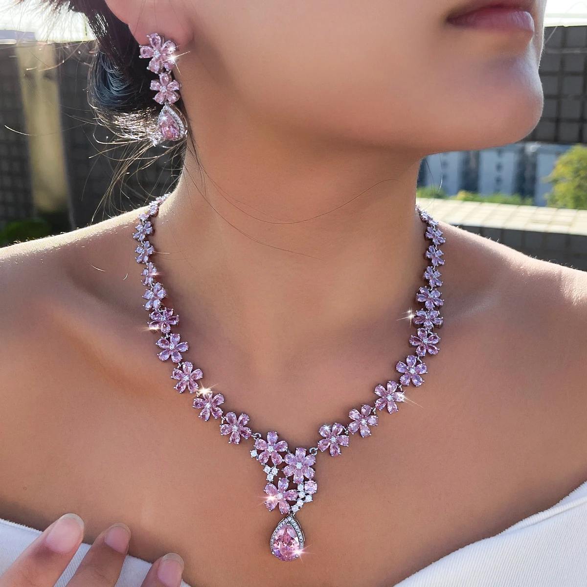 

CWWZircons Charming Shiny Pink Cubic Zirconia Flower Water Drop Earrings Necklace Sets for Women Anniversary Jewelry Gift T1026