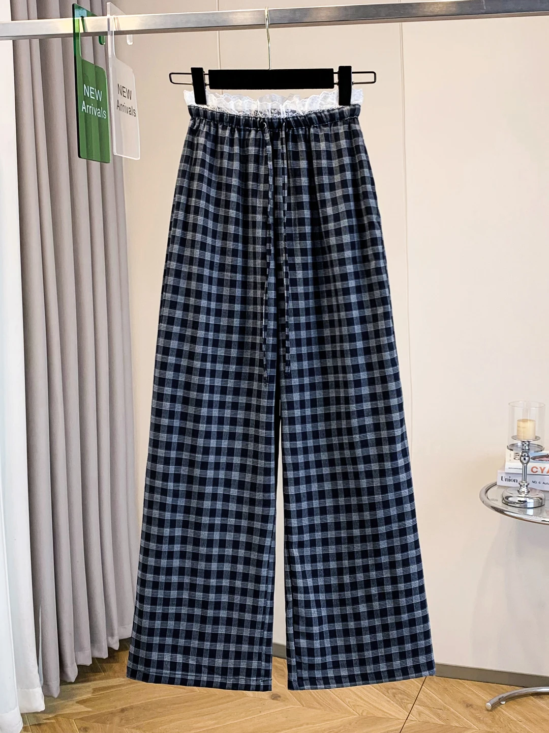 Retro Cotton Plaid Wide Leg Pants Women Summer Lace Trim High Waist Slimming Casual Pants Anti Aging Smooth Straight Cut Pants