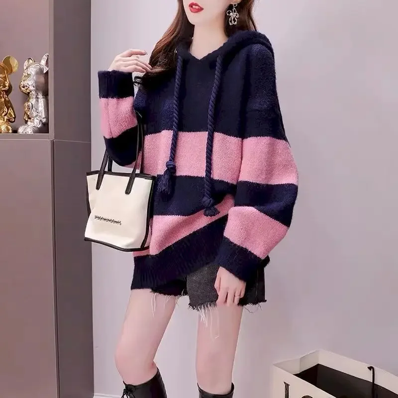 Fashion Knitted Hoodies Women Korean Style Casual Loose Hooded Knitwear 2024 Autumn Trend Stripe Colorblocking Hoodie Womens Top