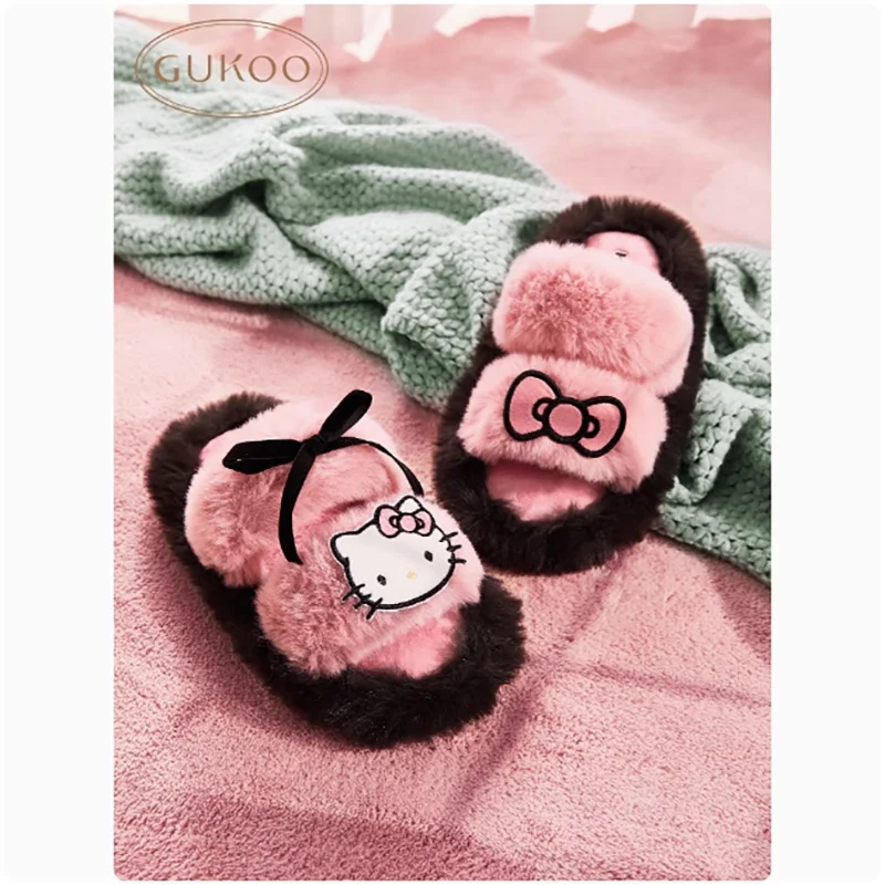 Sanrio Anime Peripheral Hello Kitty Slippers For Autumn And Winter Warm New Style For Girls Sweet Plush Slippers Cute Cartoon Sh