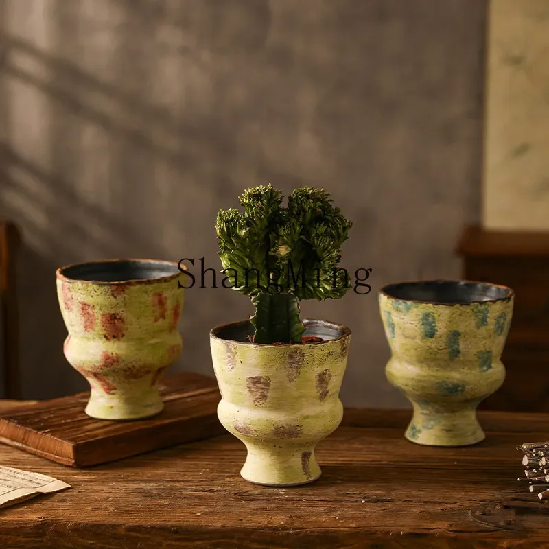 

CL ceramic flower pot light luxury high sense high foot coarse pottery Phalaenopsis flower pot small green plant pot decoration