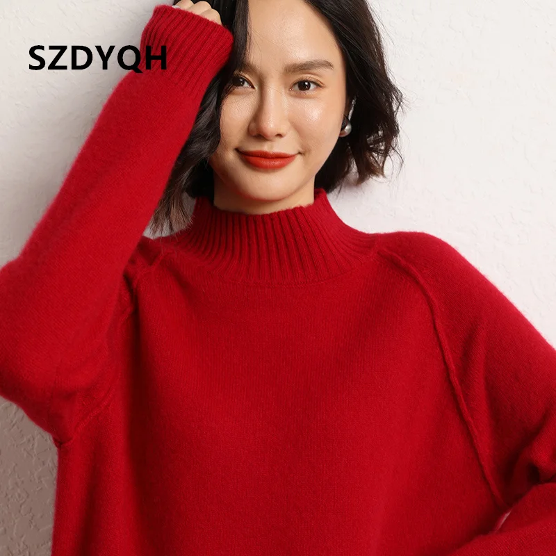 2023 Hot Sale Autumn Winter Women\'s 100% Cashmere Sweater Half High Collar Pullover Female Loose Large Size Thicken Knit Jumper