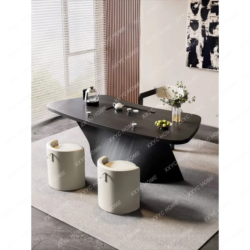 XXLuxury Solid Wood Curved Balcony Tea Table with Built-in Kettle Minimalist Office Tea Station