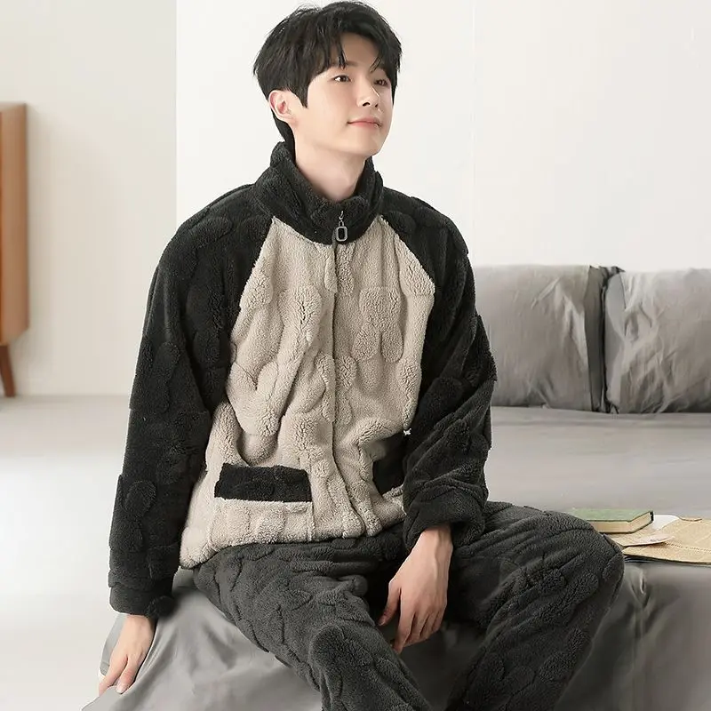 Patchwork Pajamas for Men Fleece Winter Sleepwear Korean Sleeping Night Wear Zipper Pijama 2 Pcs Pants Sets Warm Home Suit 2024