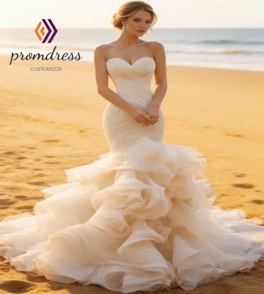 Luxury Mermaid Wedding Dress Sweetheart Layered Ruffles Train Destination Beach Barefoot Bridal Gowns 2026 Glam Second Party