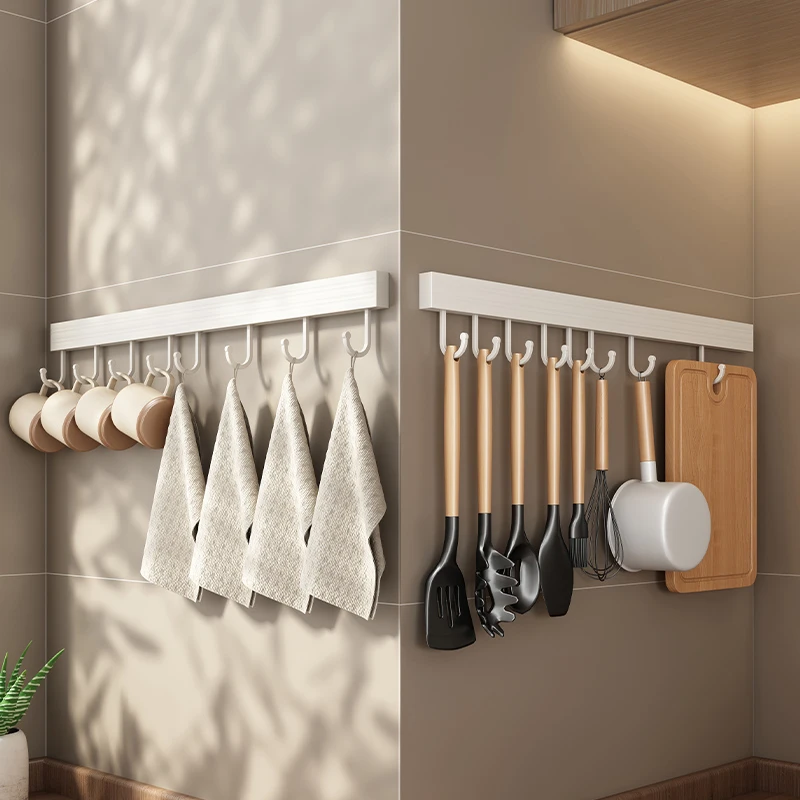 White Removable Hooks Kitchen Organizer Towel Holder Spoon Rack Bathroom Accessories Kitchen Storage Supplies No-Drilling