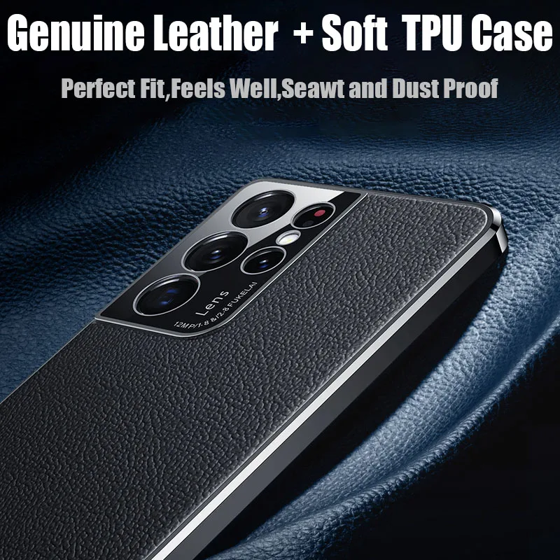 Luxurious Genuine Leather Back Electroplated TPU Silicone Cover Case For Samsung Galaxy S22 S21 S23 Ultra Plus