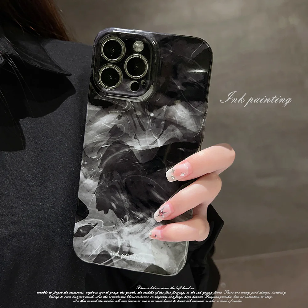 Black and white ink blending suitable For iPhone 16 15 14promax phone cases minimalist For iPhone 13 12pro 11 hard film cold