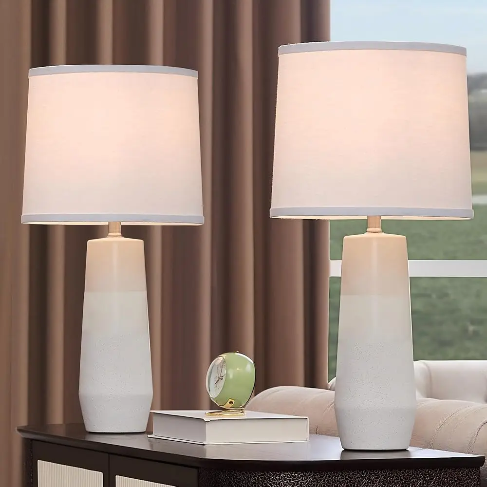 

25.25"" White Ceramic Table Lamps For Living Room, Ceramic White Lamps Set Of 2 For Nightstand, Minimalist Beige Table Lamp Set