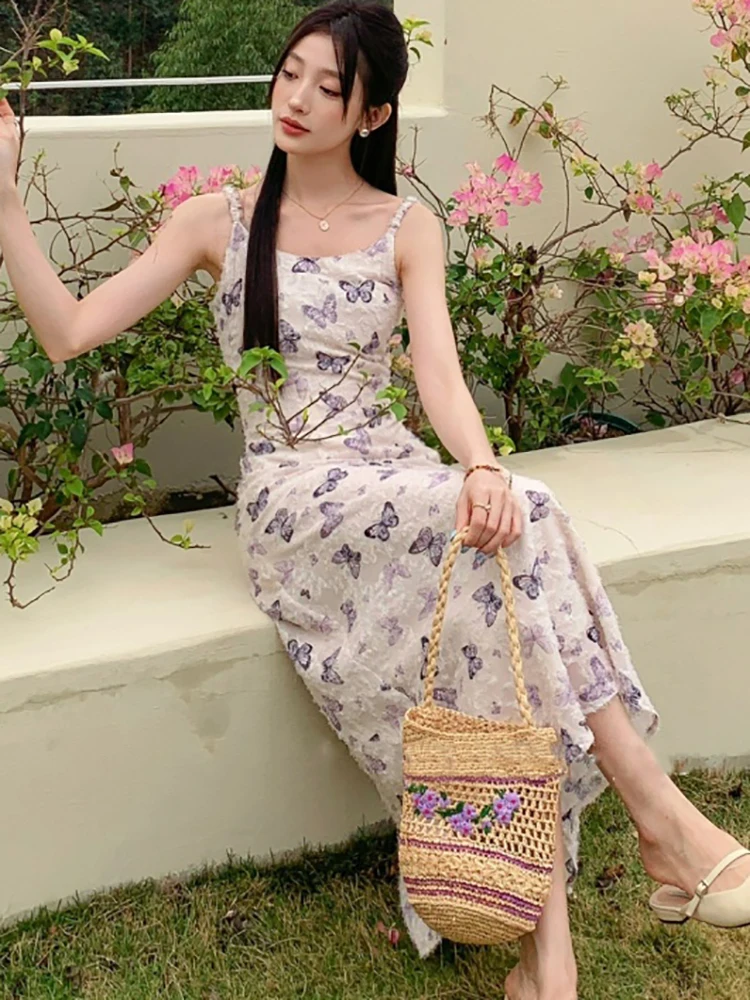 Letnia Sukienka na Ramiączkach z Żakardowym Nadrukiem, Elegancka, Seksowna, Długa, Damska, Boho, Elegancka, Codzienna Sukienka Domowa 2025, Koreańska Moda, Obcisła Sukienka Wieczorowa