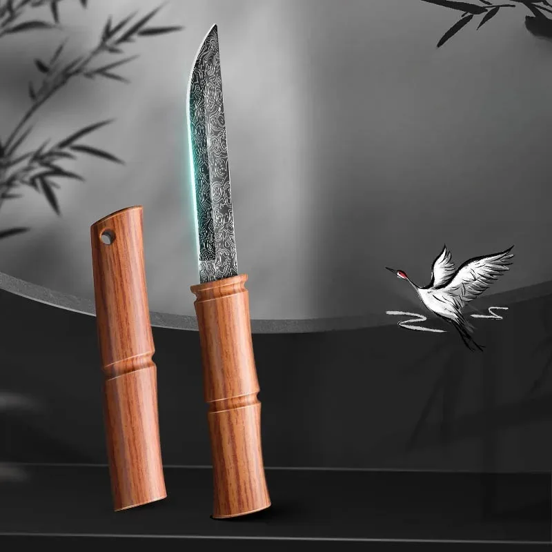 Fruit Knife Folding Portable Mini Knife, Damascus Steel Defense Knife, outdoor Bamboo Pocket Knife