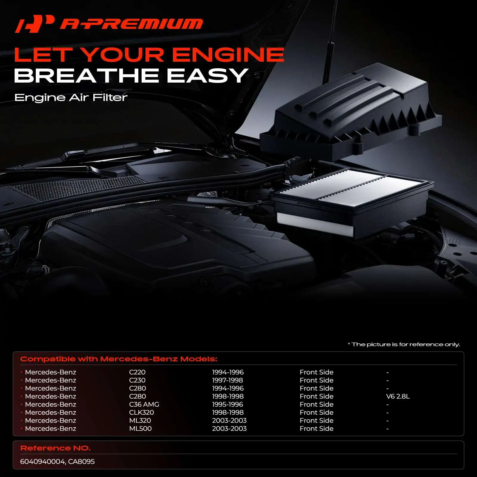 A-Premium Engine Air Filter for Mercedes-Benz C220 C280 1994-1996 C230 1997-1998 C36 AMG 1995-1996 ML320 ML500 2003 CLK320 1998