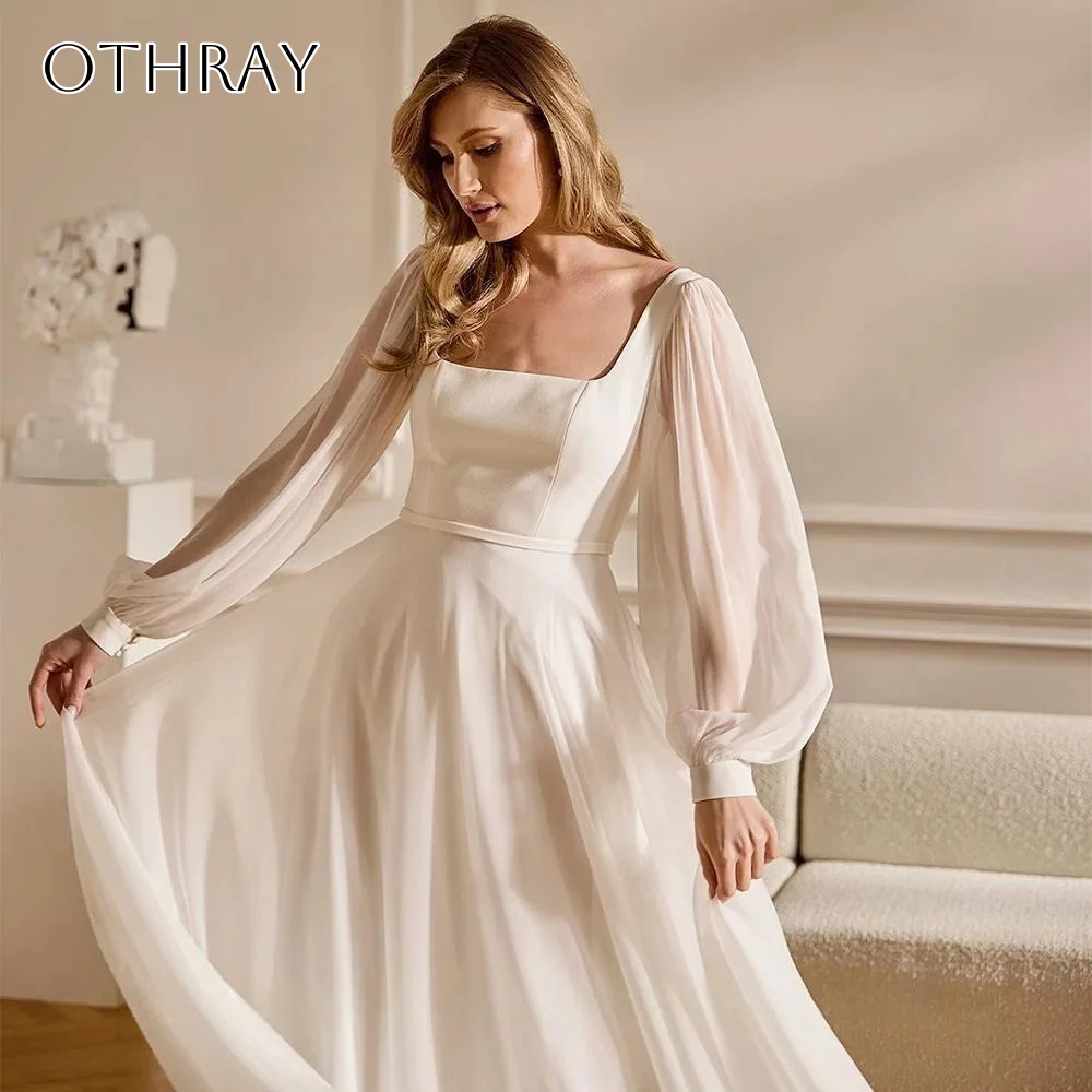 Chiffon Long Sleeves Square A-line Bridal Wedding Gown Pleated Sweep Train Backless Customized свадебное платье