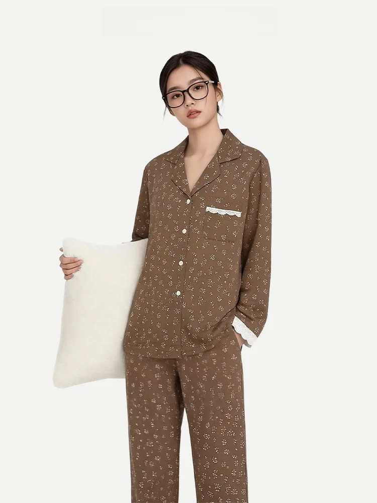 

PinkBread Lace Flower Women's Silk Long Sleeve Sleepwear Spring Summer Cool Feeling Home Clothes Outwear Comfortable Home Suit