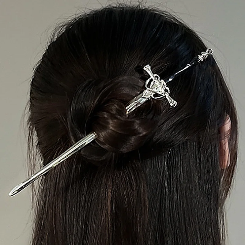 Chinese Fashion Long Sword Hair Sticks Women's Back Pan Hair Headwears Silver Senior Punk Personality Party Gifts Accessories