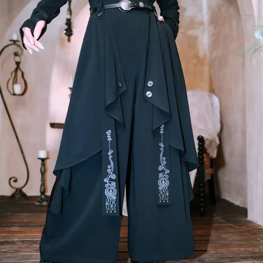 Vintage Layered Chinese Style Two-Piece Illusion Wide-Leg Skort Loose-Fit Trousers Casual Pants For Women Fashion 2025