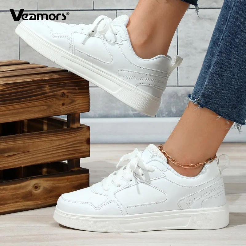

PU Leather Women's White Shoes Men Fashion Breathable Casual Sneakers Unisex Jogging Running Lace-up Trainers Non-slip