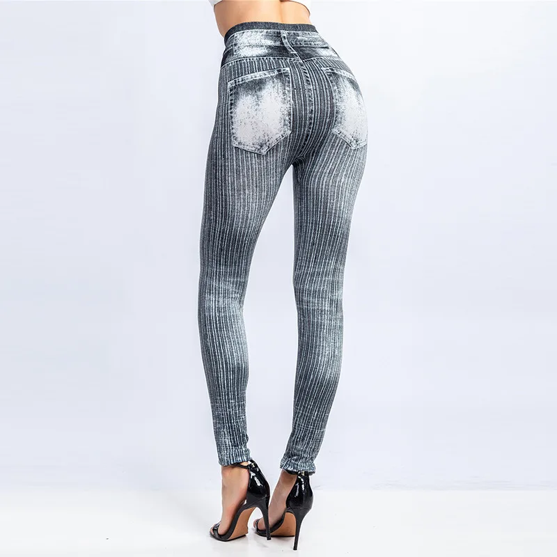 CUHAKCI Women High Waist Grey Fake Pocket Print Pencil Pants Workout Yoga Faux Denim Leggings Stretch Slim Fit Blue Jeggings