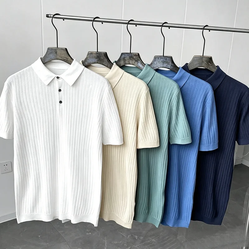 Knitted Shirt Men's T-Shirt Cool Short Sleeve Summer Fashion Polo Top Quality Breathable Tees