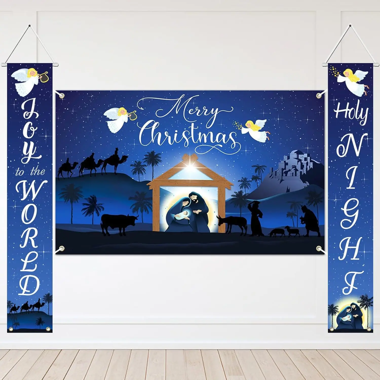 

Religious Merry Christmas Banner Blue Nativity Scene Religious Christmas Decorations Holy Nativity Banners for Home Church