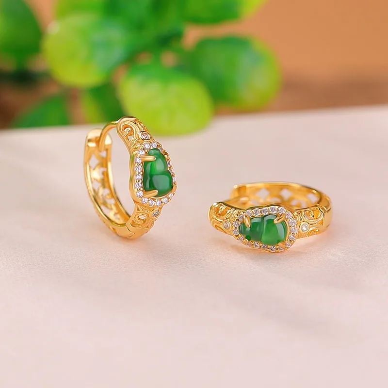 

TIMESWIND Retro S925 Silver Green Jade Pattern Gourd Hollow Women Earrings with Certificate