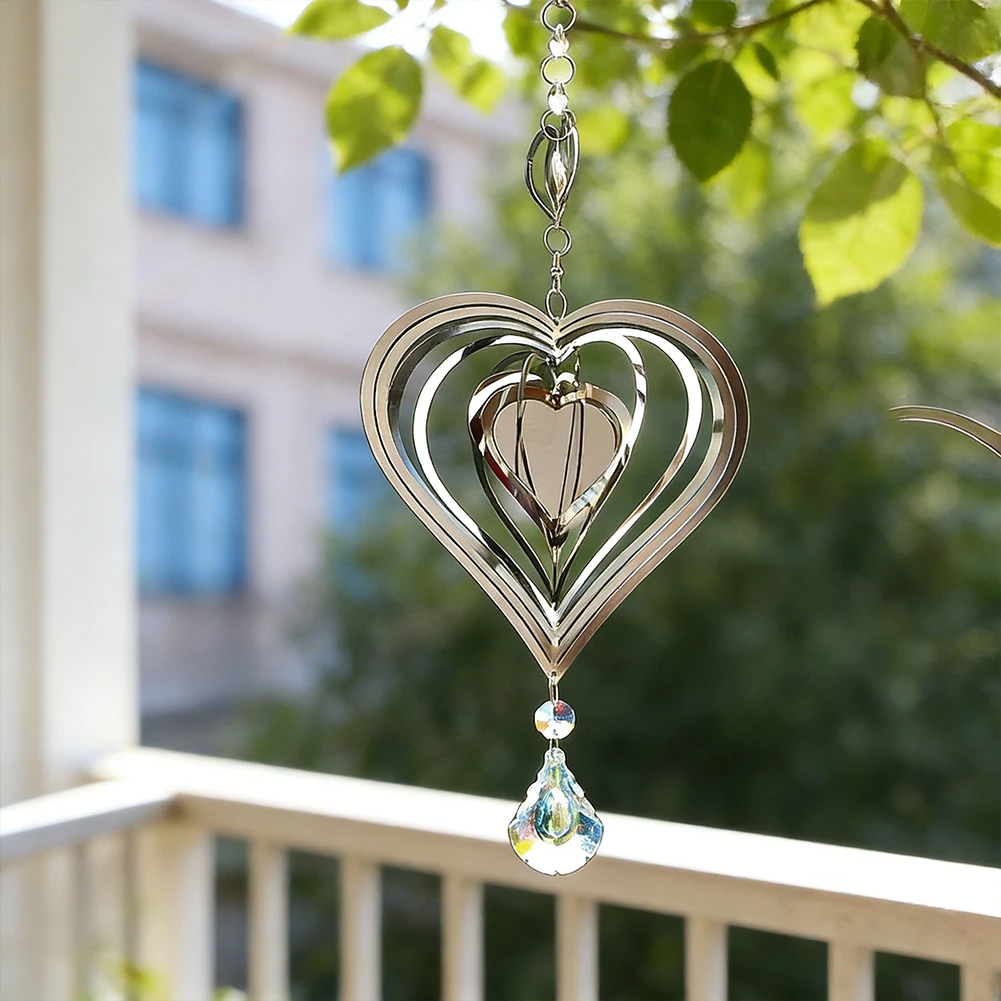 

D9 Heart Wind Spinner Turn 3D Flowing-Light Effect Crystal Suncatcher Wind Chimes Sculptures Hanging Hook Window Garden Decor