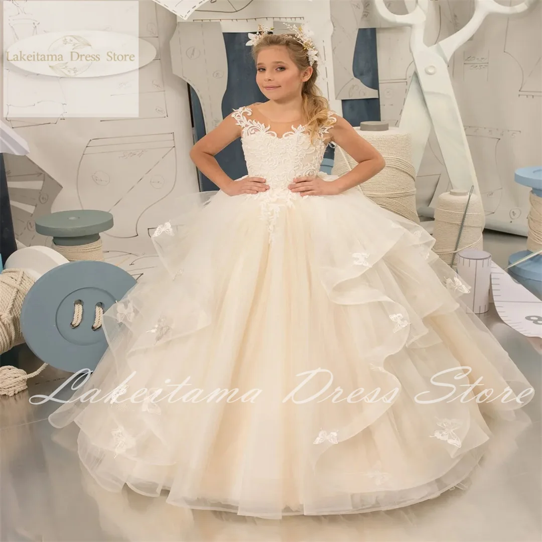 Elegant Beige Flower Girl Dress For Wedding Ruffles Tulle Sleeveless Puffy Baby Kids Birthday Ball Gown First Communion Dress