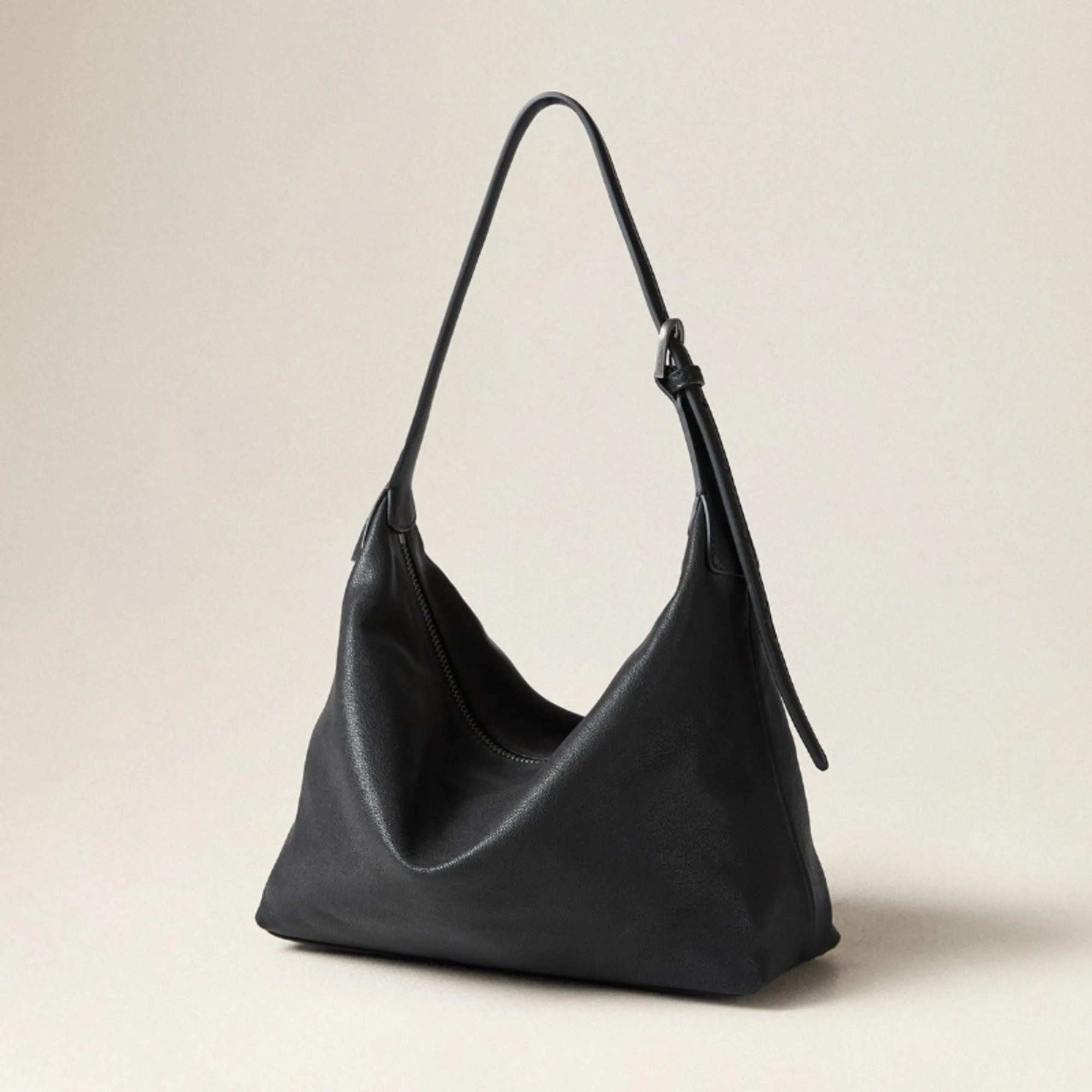 CKKUI Women's Black Soft Genuine Leather Hobo Bag, Large Capacity Casual Shoulder Bag, Minimalist Tote for Work & Daily Use