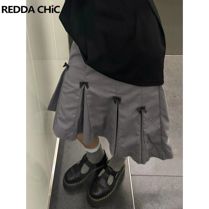 ReddaChic Retro Gray Midi Long Skirt Women A-line High Waist Bow Decor Pleated Skirt School Uniform Teen Girl Casual Clothes