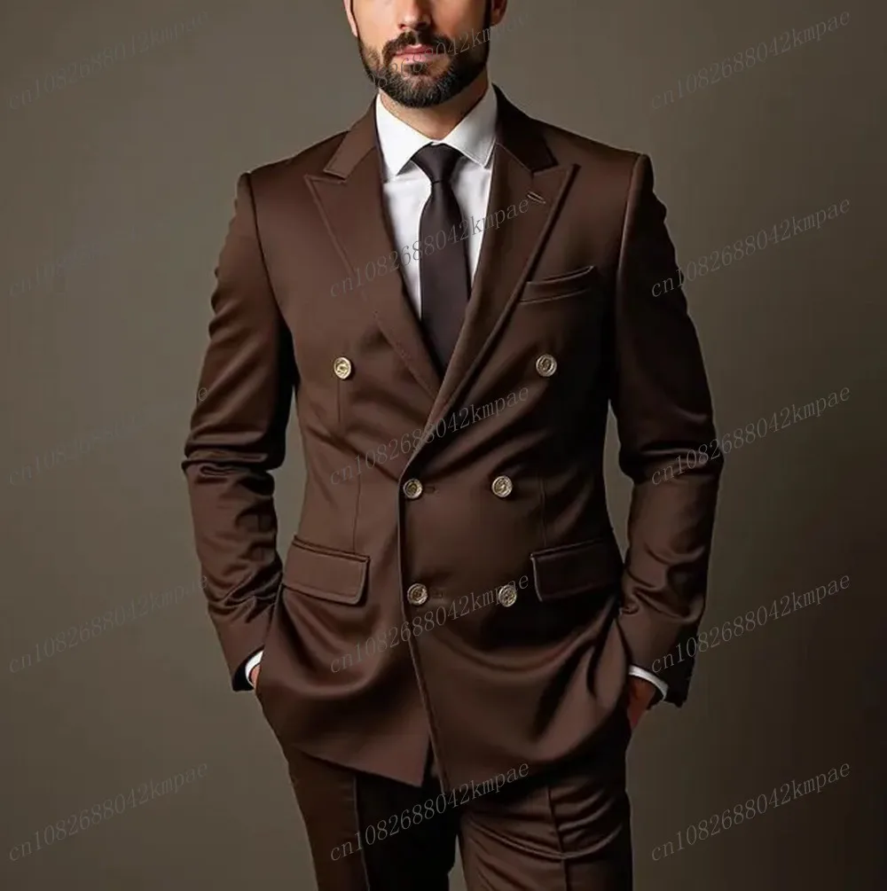 

Fashion Brown Formal Occasion Men Business Suit Groom Groomsman Wedding Party Prom Male Tuxedos 2 Piece Set Blazer Pants