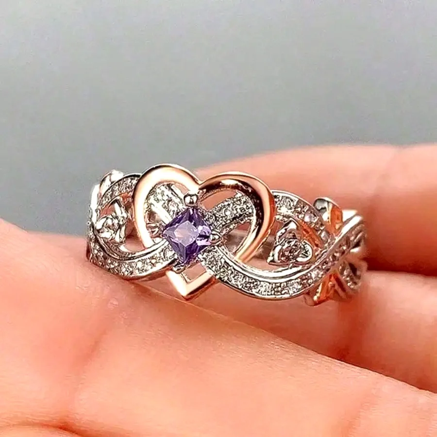 Cute Women's Fashion Heart Zirconia Wedding Ring Wedding Band Anniversary Gift Party Valentine's Day Engagement Women Jewelry Size 4-11#