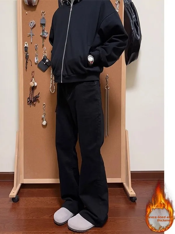 

Мужские джинсы Cleanfit с флисовой подкладкой, прямые, зауженные к низу, черные, утепленные, для осени и зимы, в уличном стиле