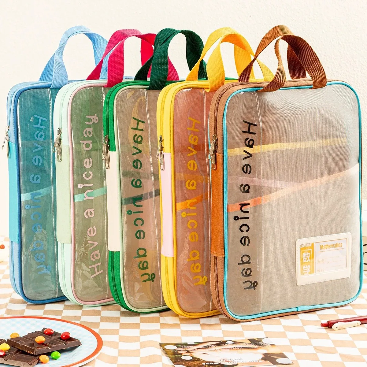 

A4 Zip File Folder with Layer Grid & Mesh Canvas Organizer, Stationery Organizer for Office, School, Home