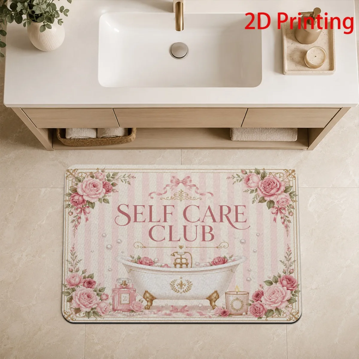 Self Care Club Bathroom Rug Pink Floral Bath Mat Vanity Area Decor for Spa Bathroom Bathroom Runner