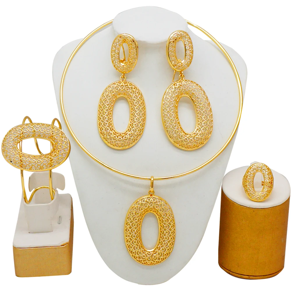 

Dubai Gold Color Jewelry Sets For Women Bridal Luxury Necklace Earrings Bracelet Ring Set Indian African Wedding Gifts 2022