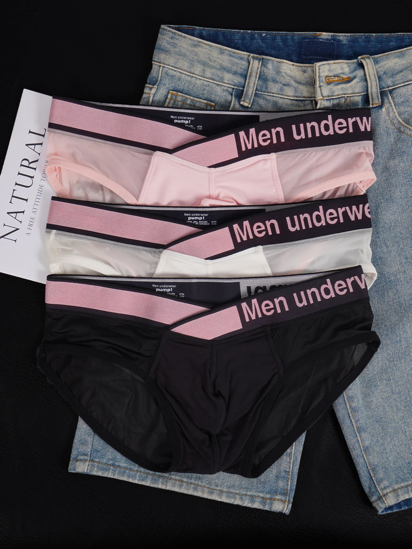 

3 PCS Men's Ice Silk Ultra-Thin Cooling Mesh Sheer Convex Pouch Briefs, V-Shape Contrast High Elastic Waistband Underwear