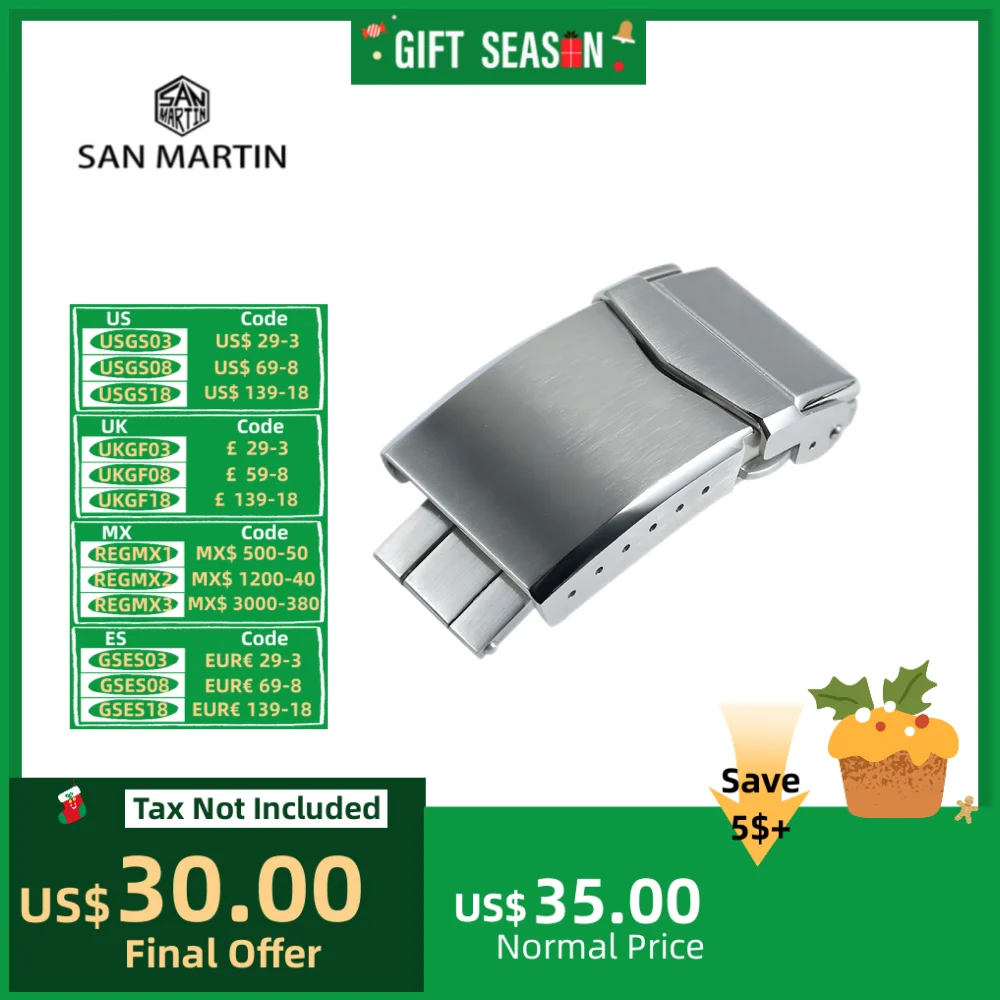 San Martin Watch Clasp Brushed Folding Clasp With Safety 18mm 20mm Solid 316L Stainless Steel Deployment Buckle 2-Fold Durable