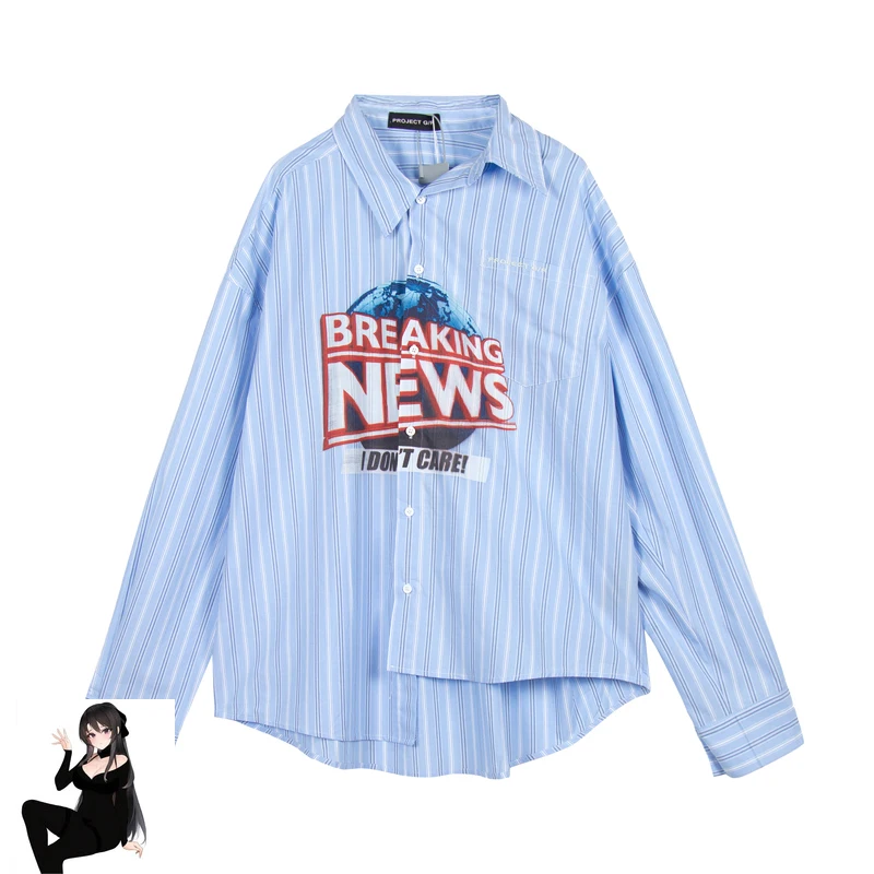 

Irregular Project Breaking News Earth Print Shirts Men Women Best Quality Asymmetric Loose Fit Blue Stripe Long Sleeve Shirt Y2k