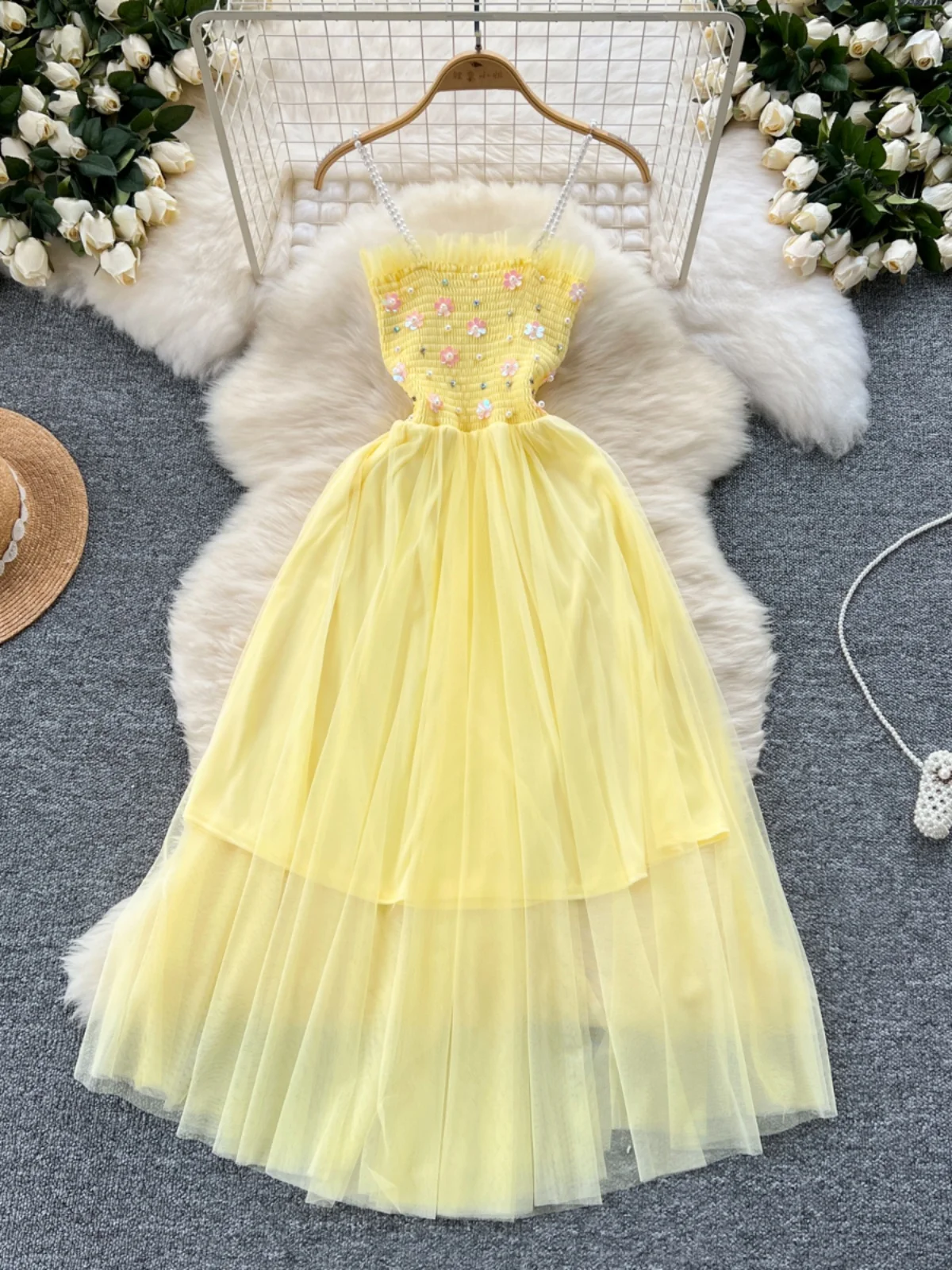 Gagaok Sweet Beaded Flower Sundress Elegant Korean Fashion Strapless Mesh Patchwork Dresses Women Slimming Ruched Vestido