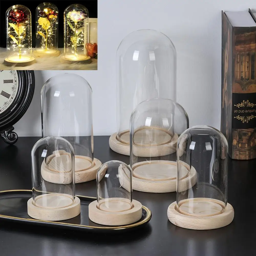 Glass Cloche Jar Display Stand Cover Terrarium Bottle with Wooden Base Acrylic Dust Cover Display Box Immortal Flower Box