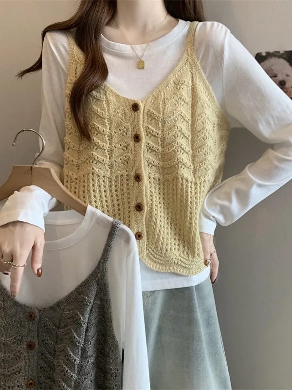 

plus Size Fashionable Knitted Set Long Sleeve Base Top Outerwear Vest Women's Autumn New Style Commute Korean Loose Fit Two-P...