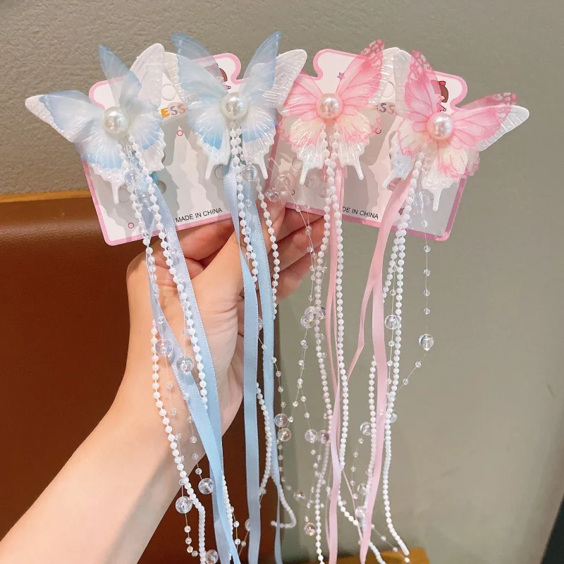 

Заколки для волос в китайском стиле с двойным слоем тюля, жемчугом и бабочками, с лентами и кисточками, 2 шт., для девочек, милые, не повреждающие волосы, мягкие заколки-зажимы