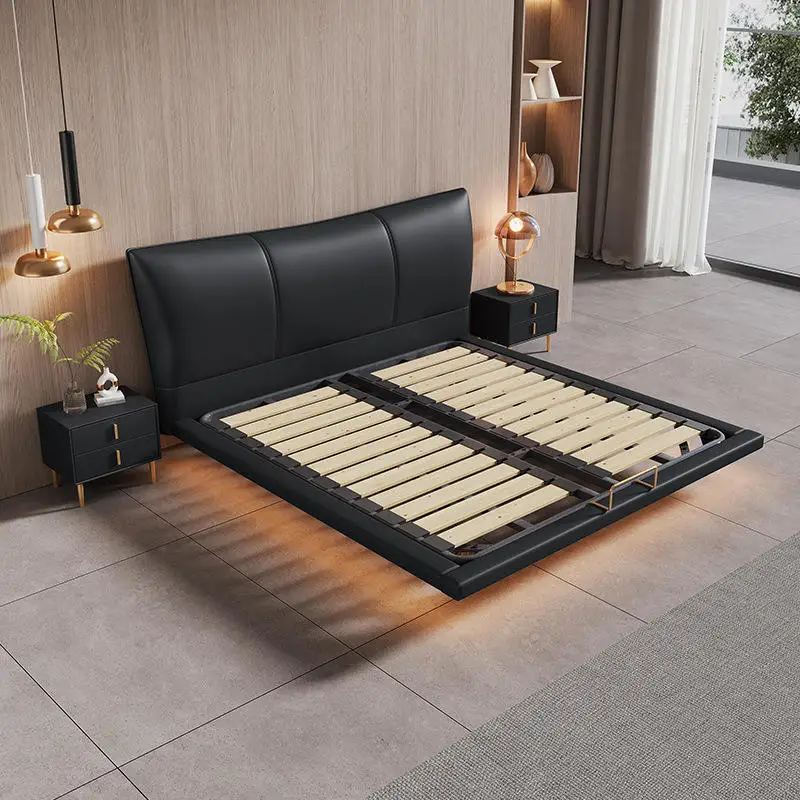 

Black and White Leather Floating Bed Simple Modern Italian Double Soft Bed Leather Art Master Bedroom Queen Bed