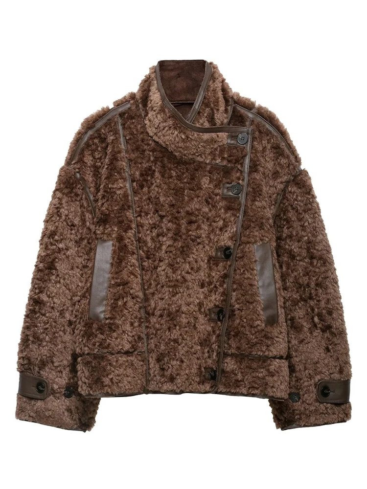 Womens Fuzzy Fleece Jacket Pu Trim Wide Collar Button Front Pockets Coat Autumn Winter Work Party Daily Streetwear Cozy Wear