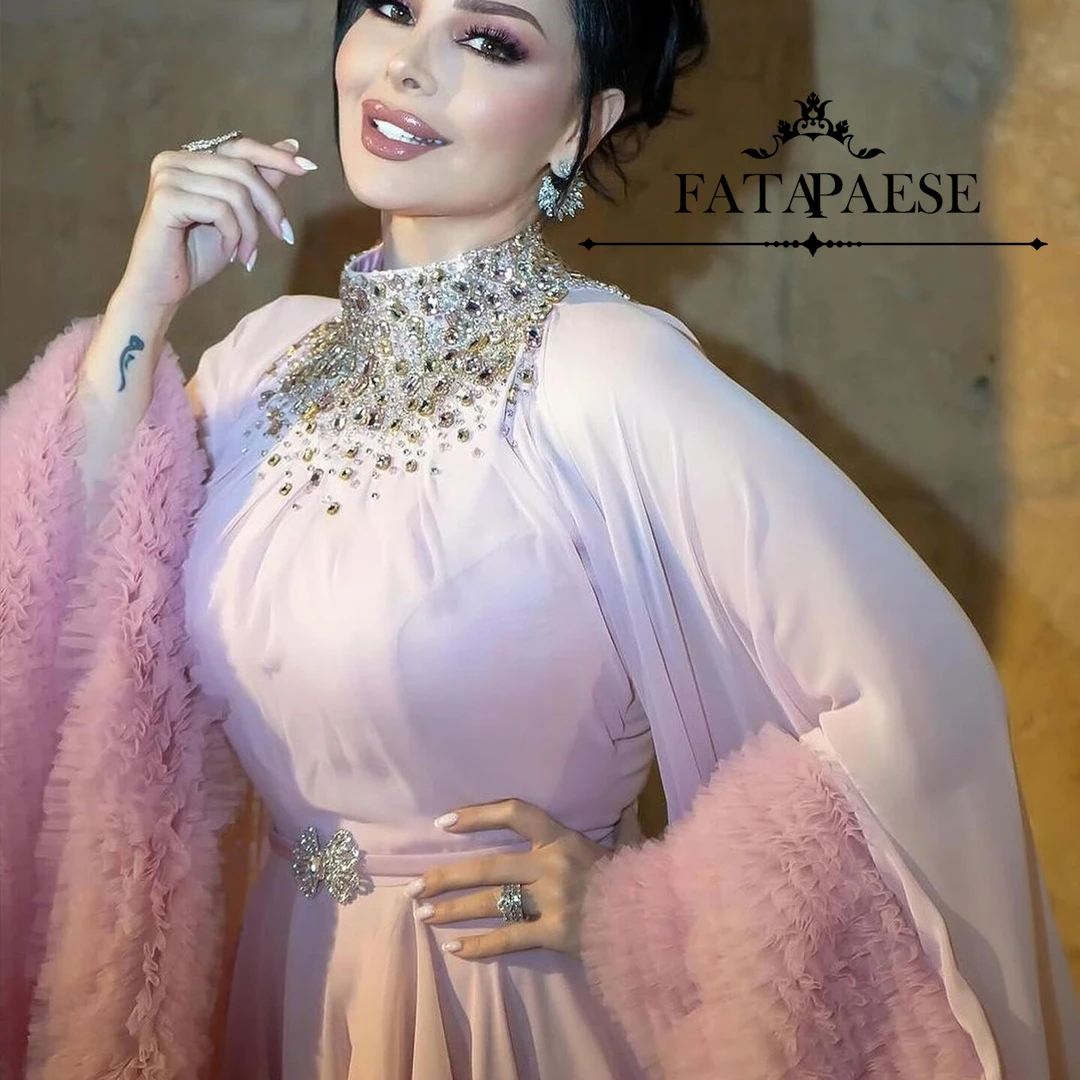 

FATAPAESE Customized Evening Dress with Hihg-neck Beaded Crystals Sparking Muslim Style Elegant Plus Cothes Floor-length Gown