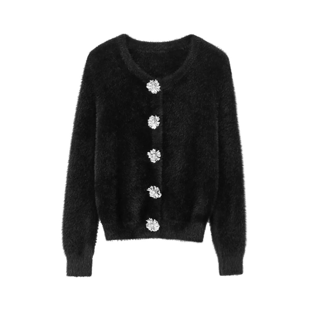 PB&ZA2024 Autumn New Women\'s Clothing Style Simple and Loose Artificial Fur Effect Round Neck Long Sleeve Knitted Coat