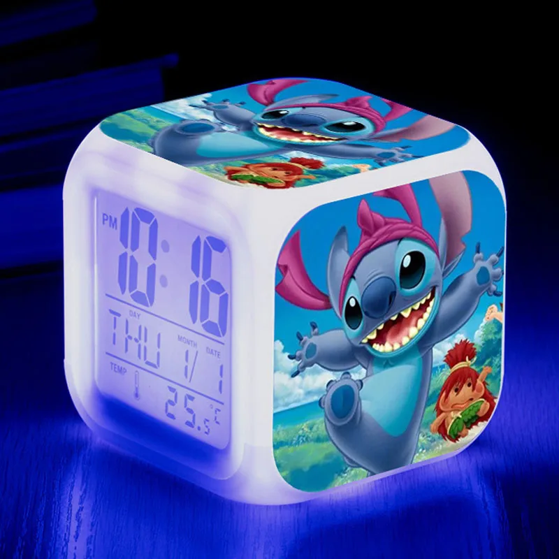 Disney Lilo Stitch Alarm Clock Growing LED Color Change Digital Light PVC Action Figure Toys for Kids Birthday Gift