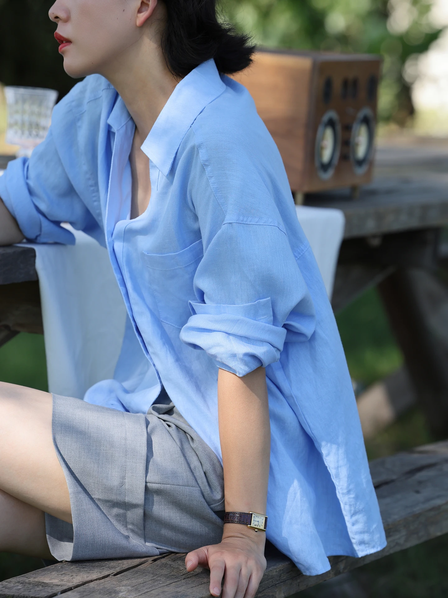 

WeTHEE White Blue 95 Cotton Summer Long Sleeve V-Neck Pocketed Shirt Sun Protection Loose Top Commute Style British Fashion