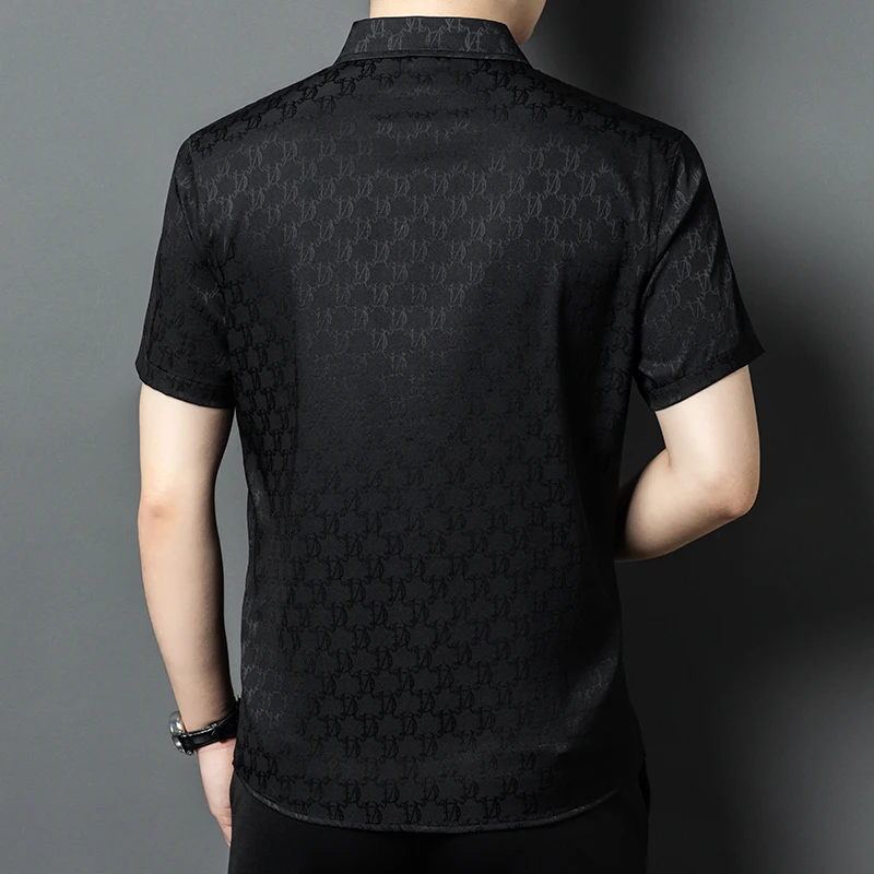 Silk 90%,Spandex 10% Shirts For Men Short Sleeve Jacquard Elastic Summer Quality Coolness Anti-Wrinkle Fashion Camisas De Hombre