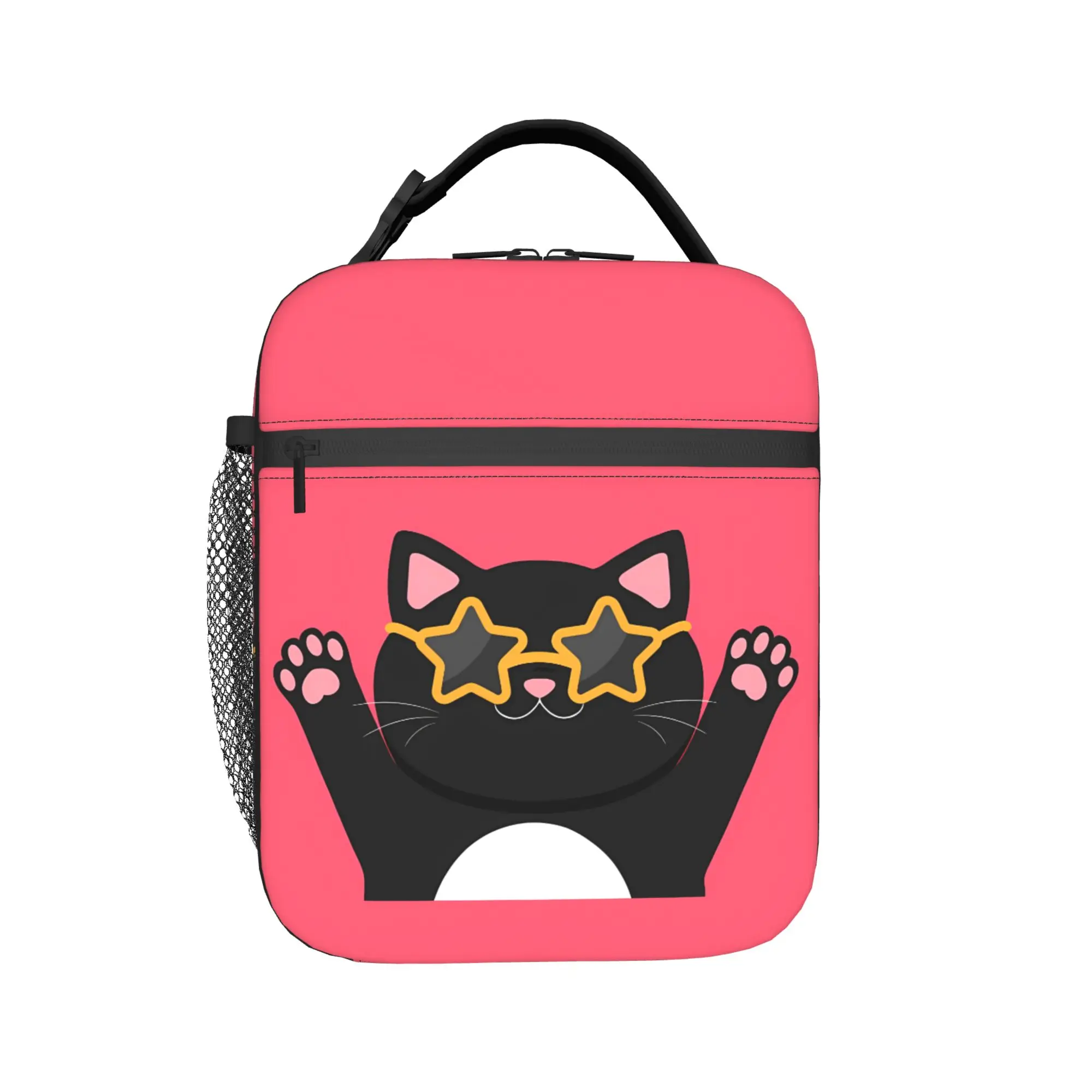 Black cat wearing star shape sunglasses. Lunch Bag For Girl Boy Office Lunch Box Kawaii Oxford Thermal Tote Handbags